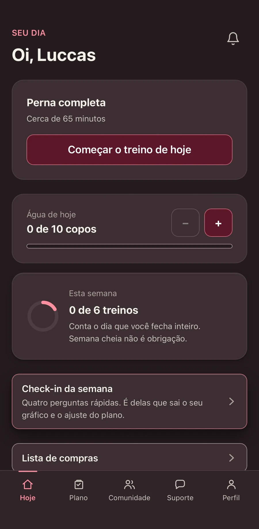 Tela do dia, com o treino de hoje, o registro de água, a semana e o check-in
