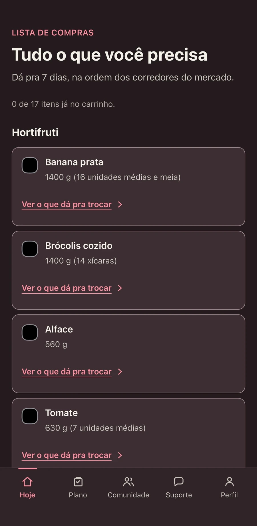 Lista de compras da semana, separada por corredor do mercado, com quantidade de cada item