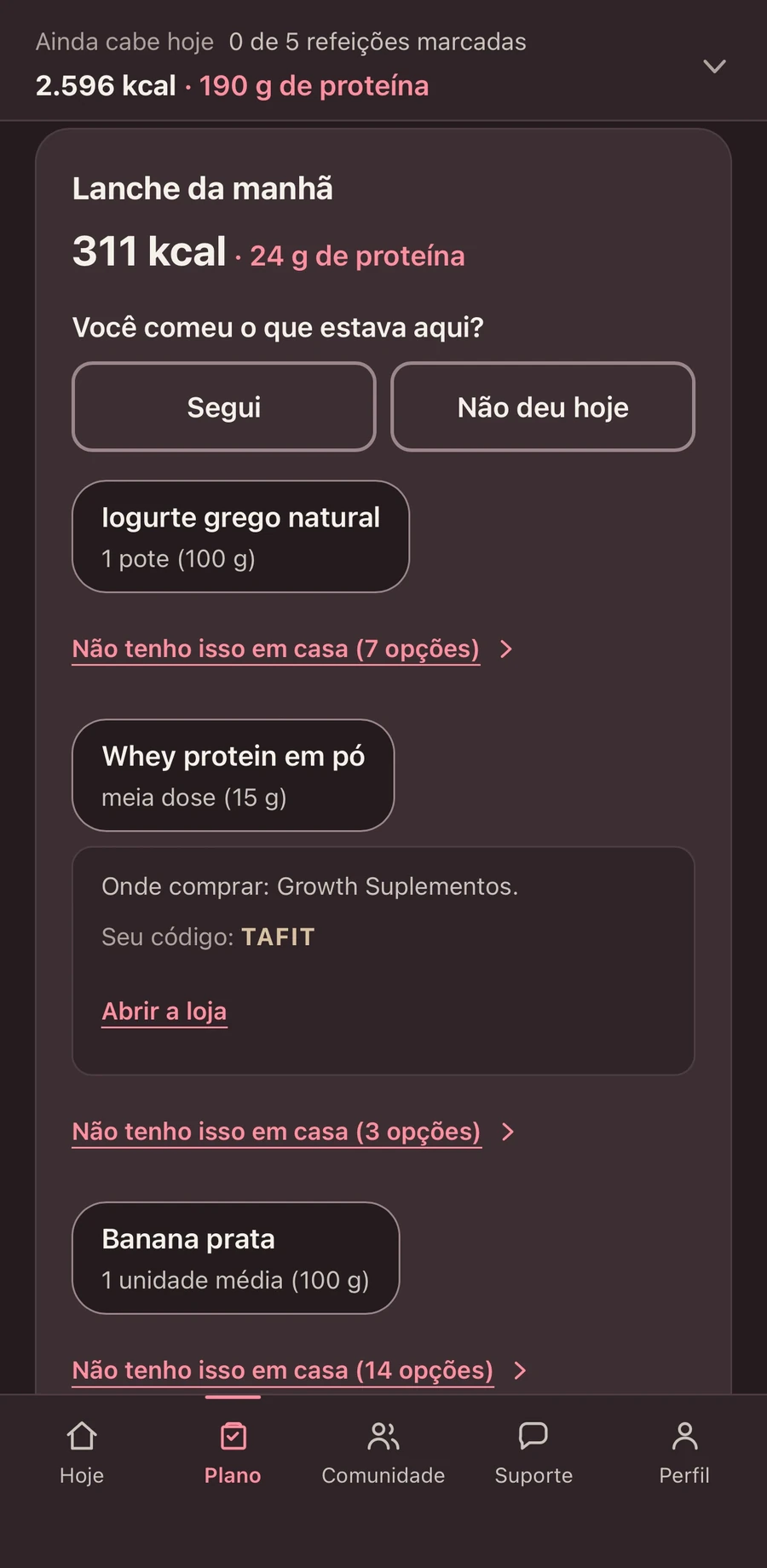 Refeição do cardápio, com as calorias, a proteína, os alimentos e a opção de trocar o que não tem em casa